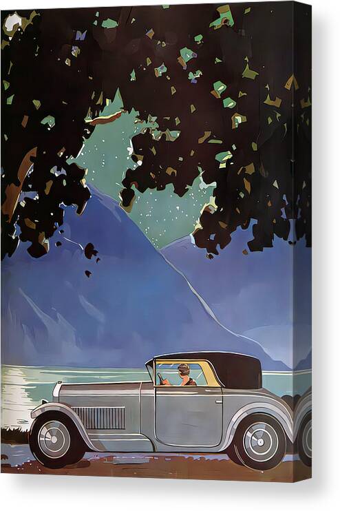 Vintage Canvas Print featuring the mixed media 1928 Delage Woman Driver In Elegant Lakeside Setting Original French Art Deco Illustration by Retrographs