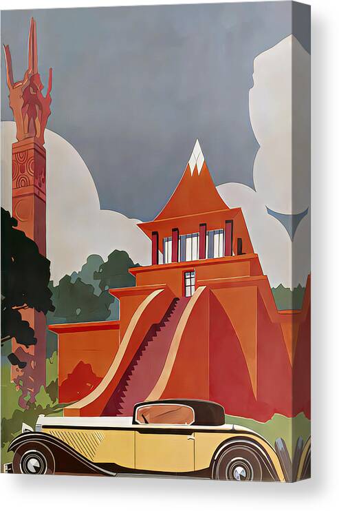 Vintage Canvas Print featuring the mixed media 1930 Delage Coupe In Front Of Temple Original French Art Deco Illustration by Retrographs