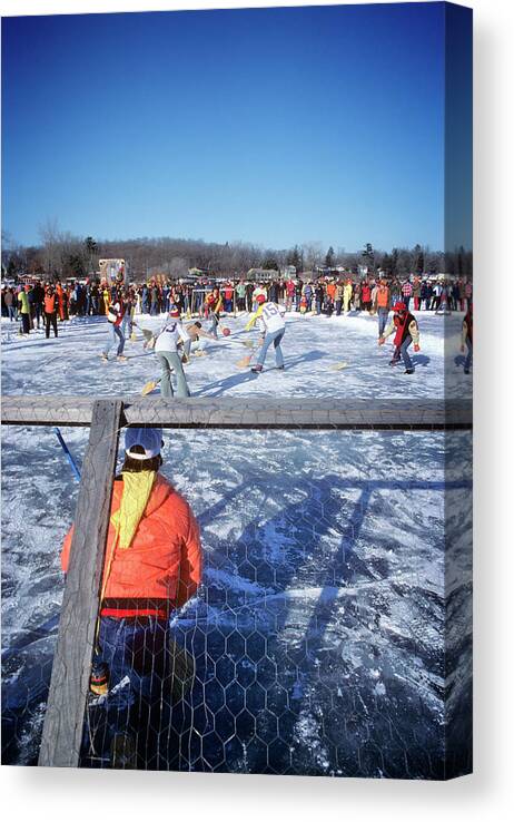 Photograph Canvas Print featuring the painting 1980s Teen Boys Playing Broomball by Vintage Images