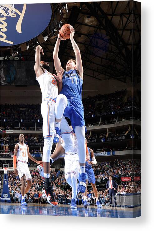 Luka Doncic Canvas Print featuring the photograph New York Knicks V Dallas Mavericks by Glenn James
