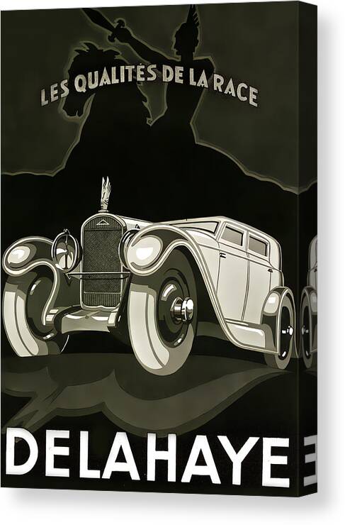 Vintage Canvas Print featuring the mixed media Advertisement For 1930 Delahaye Original French Art Deco Illustration by Retrographs
