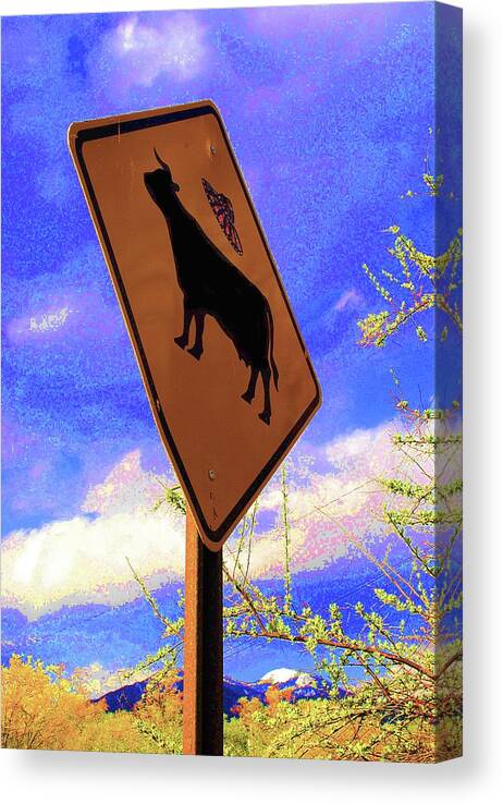 Sign Canvas Print featuring the photograph Alien Cow Crossing by Glory Ann Penington