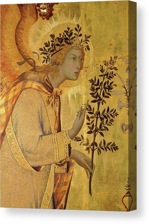 Archangel Gabriel Canvas Print featuring the painting Annunciation. Detail the Angel of the Annunciation. by Simone Martini -c 1284-1344-