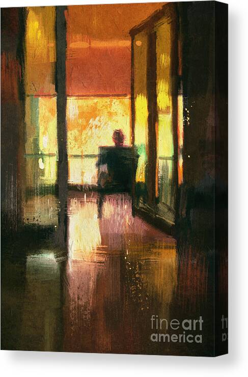 Door Canvas Print featuring the digital art Back View Of A Man Sitting On Chair by Tithi Luadthong