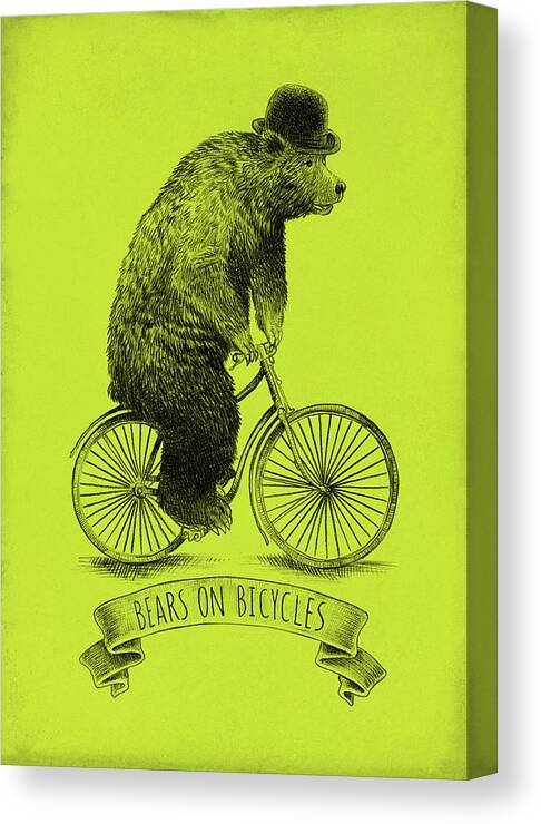 Bear Canvas Print featuring the drawing Bears on Bicycles - Lime by Eric Fan