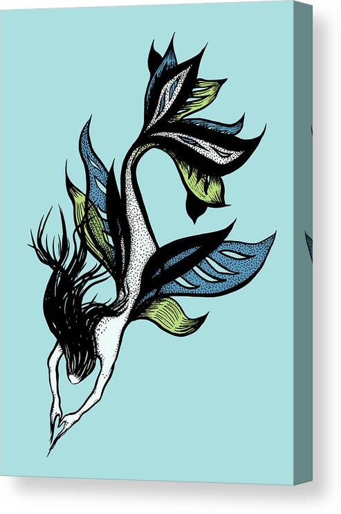 Siren Canvas Print featuring the drawing Beautiful Mermaid Drawn Tattoo Style In Black Blue Green by Boriana Giormova