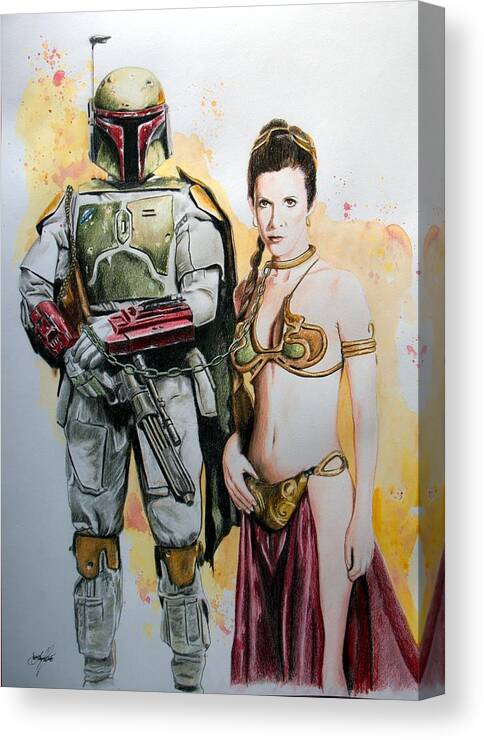 Boba Fett Princess Leia Star Wars Return Of The Jedi Mandalorian Slave Bounty Hunter Sci Fi Portrait Drawing Realism Rebel Empire Carrie Fisher Movie Film Canvas Print featuring the drawing Boba Fett and Princess Leia by Aaron De la Haye