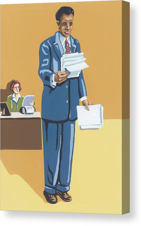 Administration Canvas Print featuring the drawing Businessman Holding Paperwork by CSA Images
