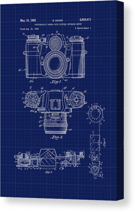 Patent Drawings Canvas Print featuring the photograph Camera and Meter Patent CAD Drawing by Carlos Diaz