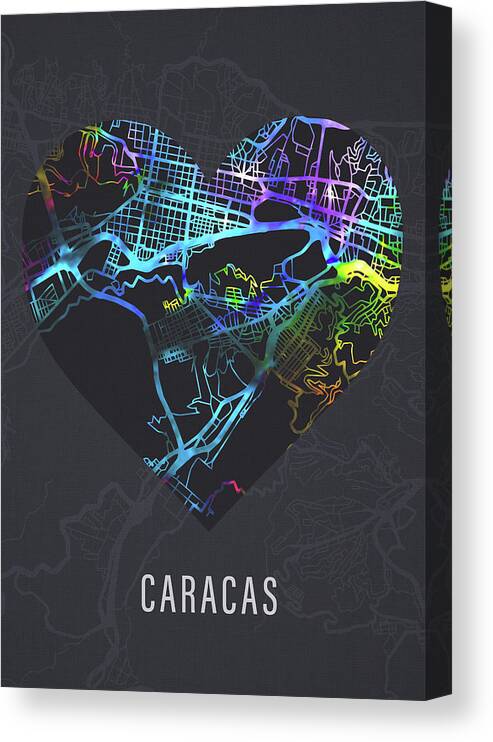 Caracas Canvas Print featuring the mixed media Caracas Venezuela City Heart Street Map Love Dark Mode by Design Turnpike