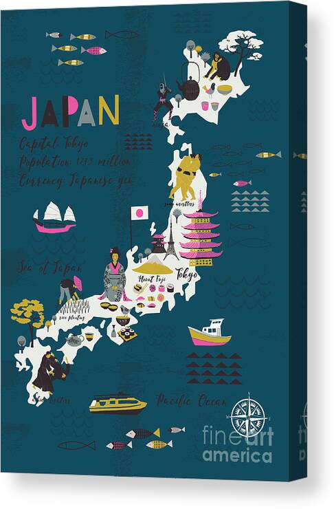 Symbol Canvas Print featuring the digital art Cartoon Map Of Japan Print Design by Lavandaart