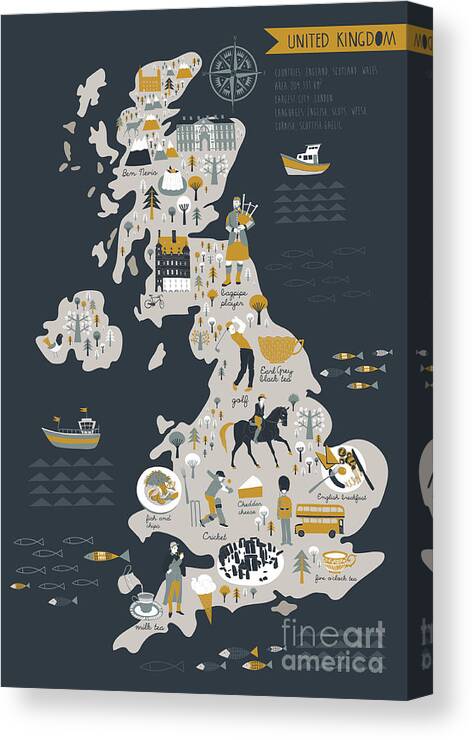 Bus Canvas Print featuring the digital art Cartoon Map Of United Kingdom by Lavandaart