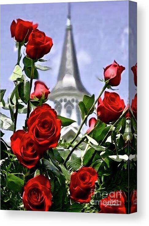 Churchill Downs Canvas Print featuring the digital art Churchill Downs Spire and Roses by CAC Graphics