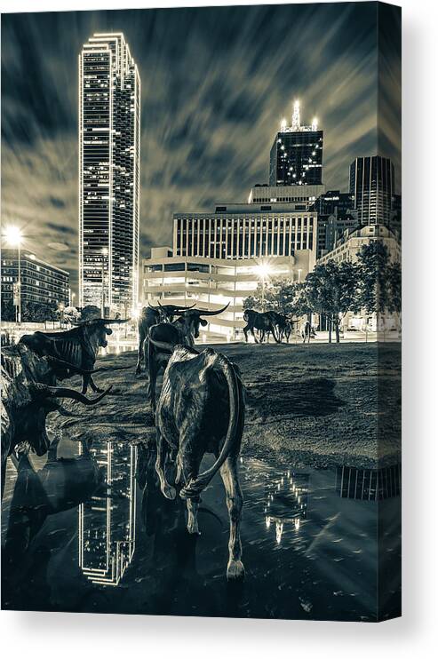 America Canvas Print featuring the photograph Dallas Texas Longhorn Cattle Drive Sculptures and Skyline in Sepia by Gregory Ballos