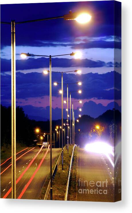 Transportation Canvas Print featuring the photograph Dual Carriageway Street Lighting by Martyn F. Chillmaid/science Photo Library