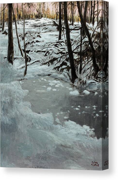 Winter Landscape Canvas Print featuring the painting Forest Pond in Winter by Hans Egil Saele
