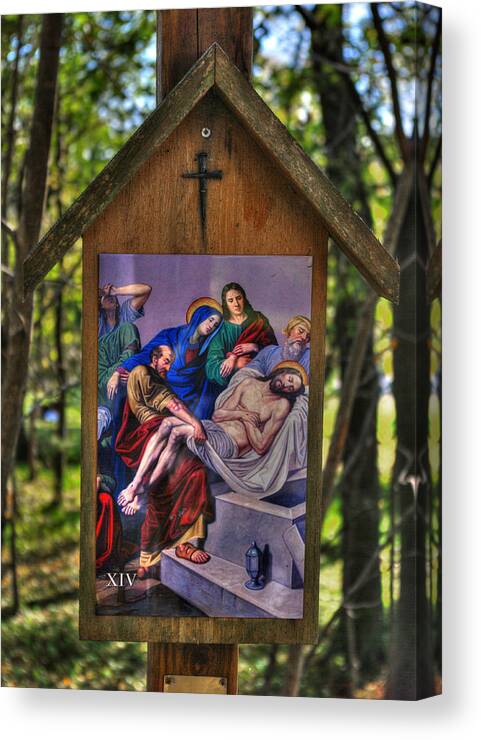 Stations Of The Cross Canvas Print featuring the photograph Fourteenth Station of the Cross - Jesus is Laid in the Tomb - John 19, Verses 40-42 by Michael Mazaika