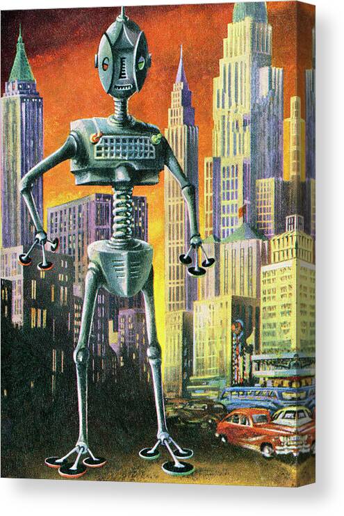 Ai Canvas Print featuring the drawing Giant Robot in Cityscape by CSA Images