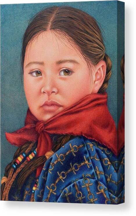 Portrait Of A Western Rodeo Girl. Native American. American Indian Portraits. Girls Face. Red Handkerchief. Girl In Braids. Horse Girl. Equine. Indian Pony Beads. Horse Tack Shirt Canvas Print featuring the painting Girl in the Red Handkerchief by Valerie Evans
