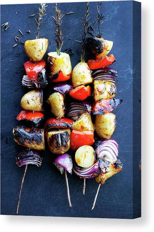 Burnt Canvas Print featuring the photograph Grilled Vegetable Rosemary Kebabs by Line Klein