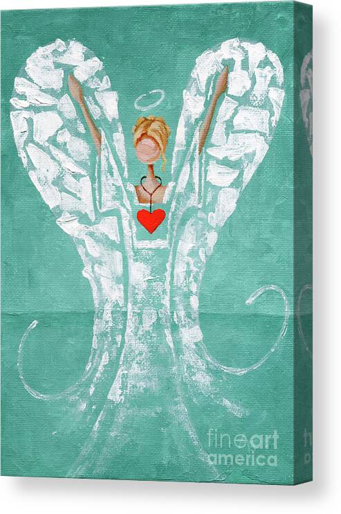 Angel Canvas Print featuring the painting Heard on High Angel - teal heart by Annie Troe