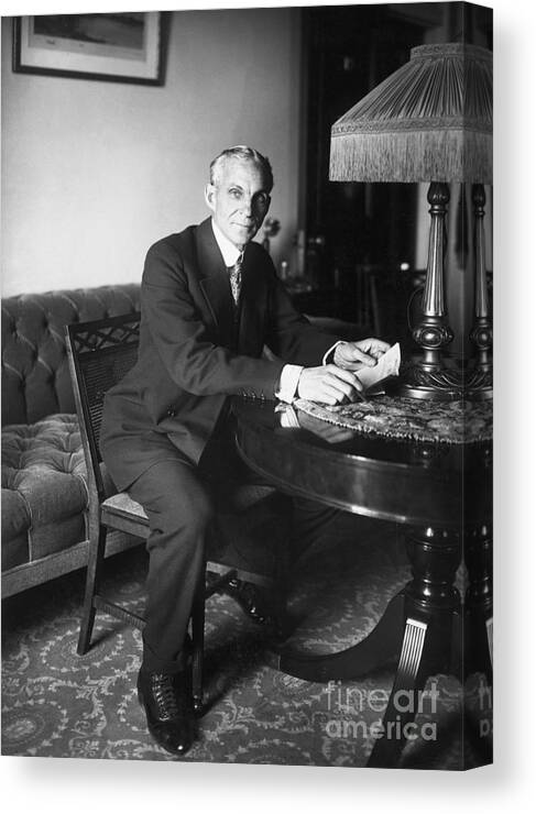 Henry Ford - Founder Of Ford Motor Company Canvas Print featuring the photograph Henry Ford Seated In New York Hotel Room by Bettmann