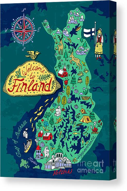 Country Canvas Print featuring the digital art Illustrated Map Of Finland Travels by Daria i