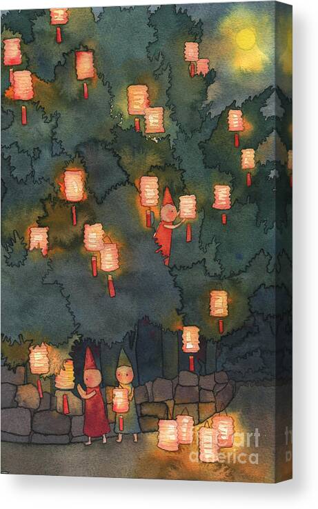 Chinese Culture Canvas Print featuring the digital art Illustration Of People Hanging Lanterns by Sino Images