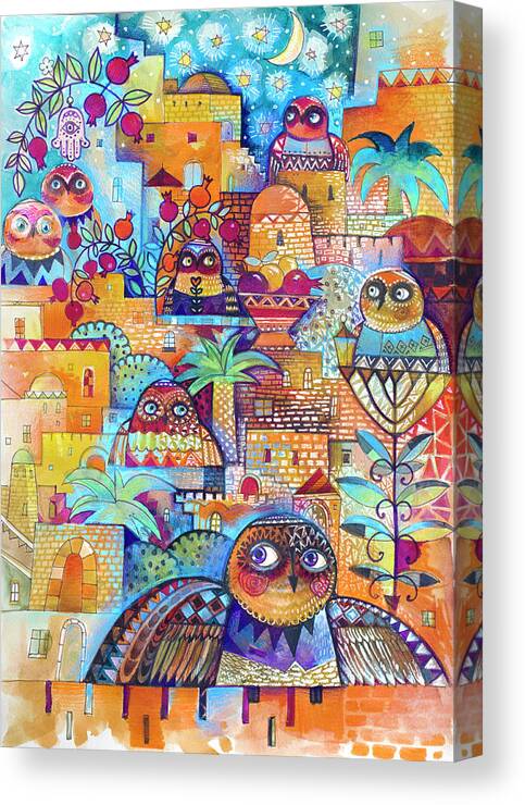Jerusalem Owls 2 Canvas Print featuring the painting Jerusalem Owls 2 by Oxana Zaika