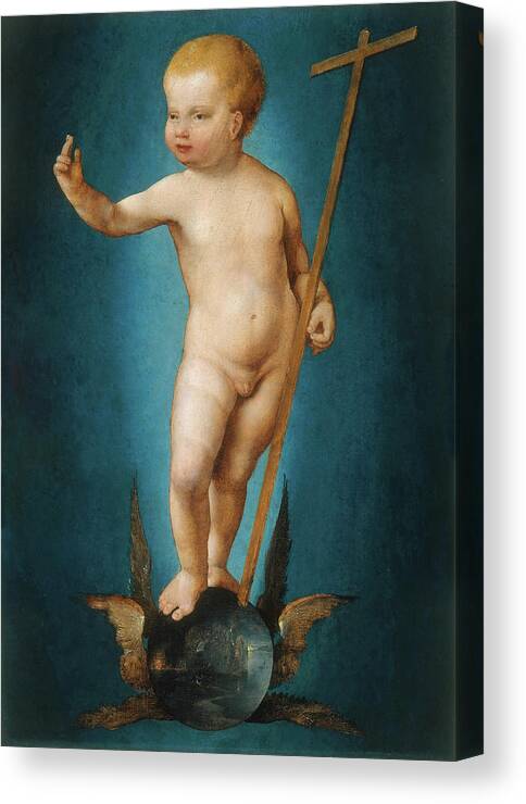 Joos Van Cleve Canvas Print featuring the painting Joos van Cleve -Cleve -?-, ca. 1485-Antwerp, 1540/41-. The Infant Christ on the Orb of the World ... by Joos van Cleve -c 1485-c 1540-