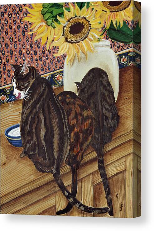 3 tiger Cats Sitting On A Counter With Sunflowers Canvas Print featuring the painting Kitchen Cats by Jan Panico