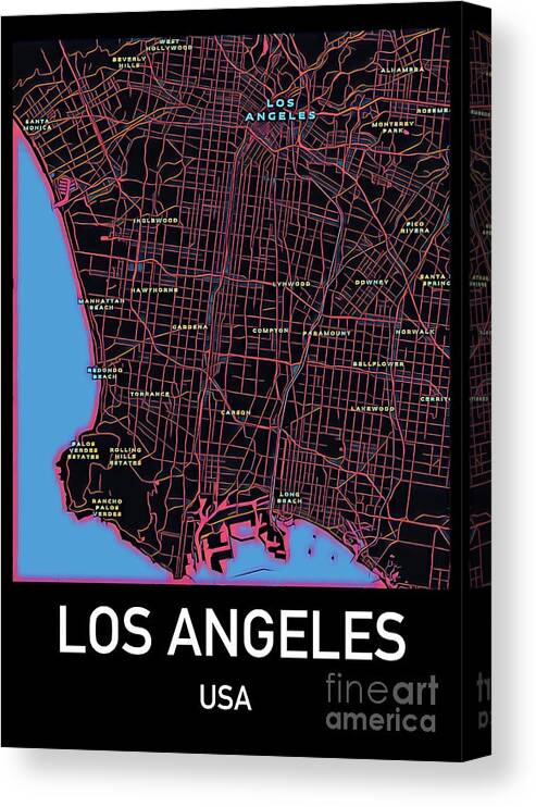 Los Angeles Canvas Print featuring the digital art Los Angeles City Map by HELGE Art Gallery