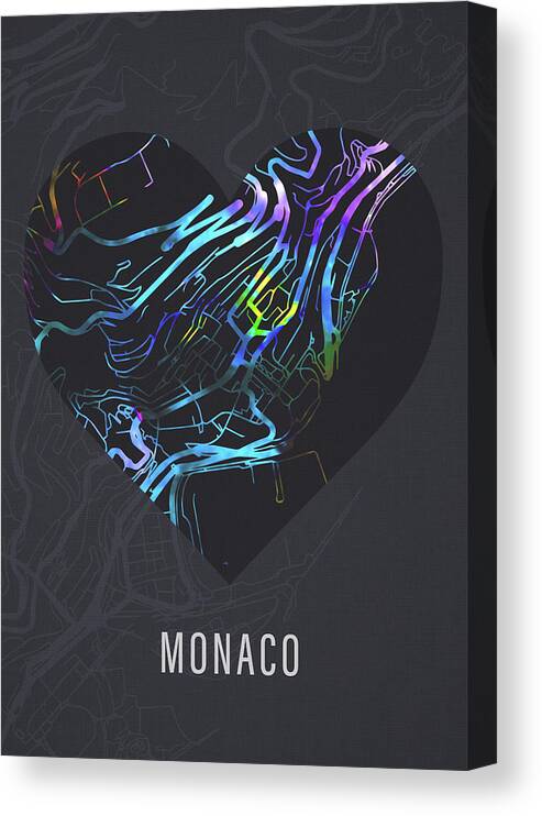 Monaco Canvas Print featuring the mixed media Monaco City Heart Street Map Dark Mode Series by Design Turnpike