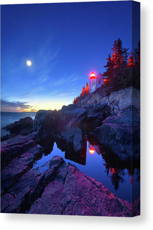 Moon Over Bass Harbor Canvas Print featuring the photograph Moon Over Bass Harbor by Michael Blanchette Photography