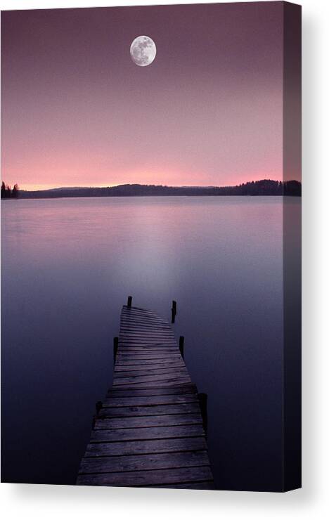 Moon Over Lake With Pier At Dusk Canvas Print Canvas Art By Grant Faint
