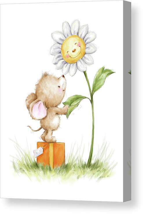 Mouse And Flower Canvas Print featuring the mixed media Mouse And Flower by Makiko