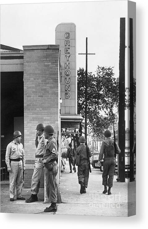People Canvas Print featuring the photograph National Guardsmen Patrolling In Alabama by Bettmann