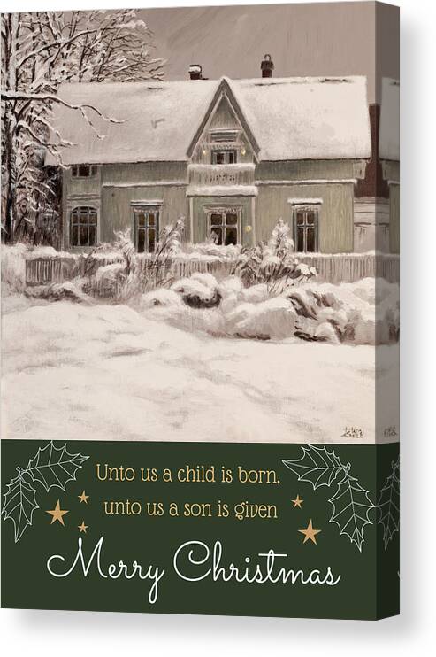 Christmas Card Canvas Print featuring the painting Nordic Town Houses - House of the Undertaker - Christmas card version by Hans Egil Saele