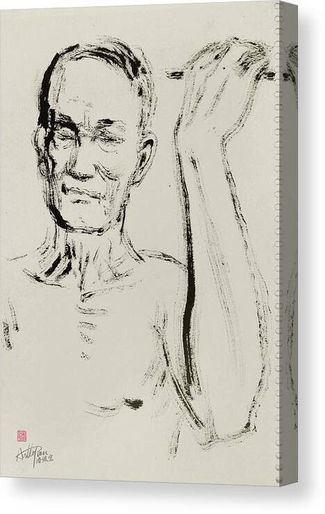 Old Canvas Print featuring the painting Old man with wall-ArtToPan drawing- character freehand brush sketch by Artto Pan