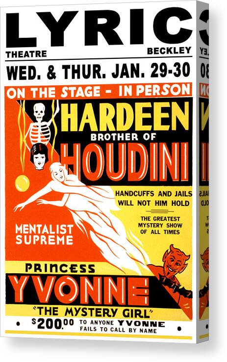 Hardeen Canvas Print featuring the painting On the stage - in person, Hardeen by Triangle Poster Printing Co