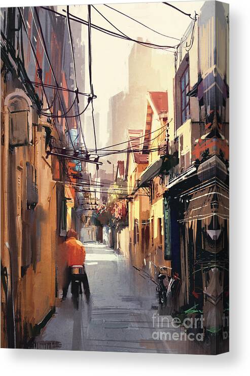 Color Canvas Print featuring the digital art Painting Of Narrow Alleyway In Old by Tithi Luadthong