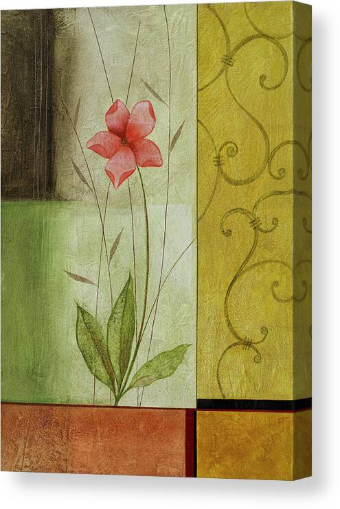 Pink Flowers With Different Colored Squares In The Background And Scrolling Stencil Type Designs Canvas Print featuring the mixed media Pe 24539 by Pablo Esteban