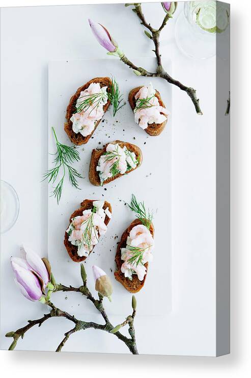 White Background Canvas Print featuring the photograph Plate Of Bread With Shrimp Topping by Line Klein
