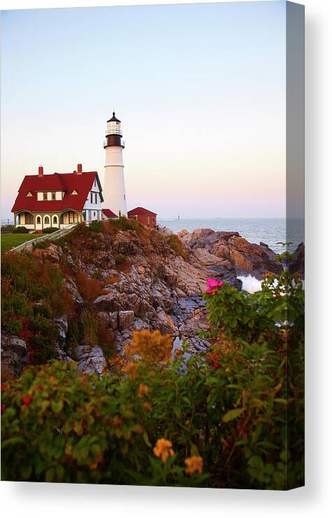 Clear Sky Canvas Print featuring the photograph Portland Head Lighthouse At Susnet by Thomas Northcut