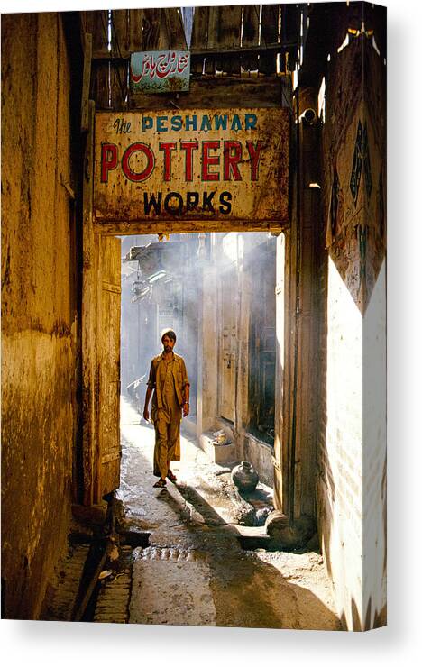 #pakistan #peshawar #pottery #bazaar #eveninglight #silverfilm #streetphotography Canvas Print featuring the photograph Pottery Bazaar by Olivier Schram