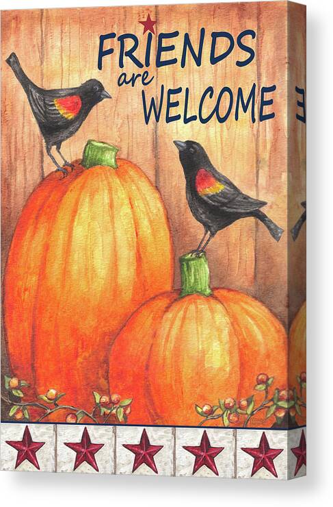 Pumpkin Blackbird Friends Welcome Canvas Print featuring the painting Pumpkin Blackbird Friends Welcome by Melinda Hipsher