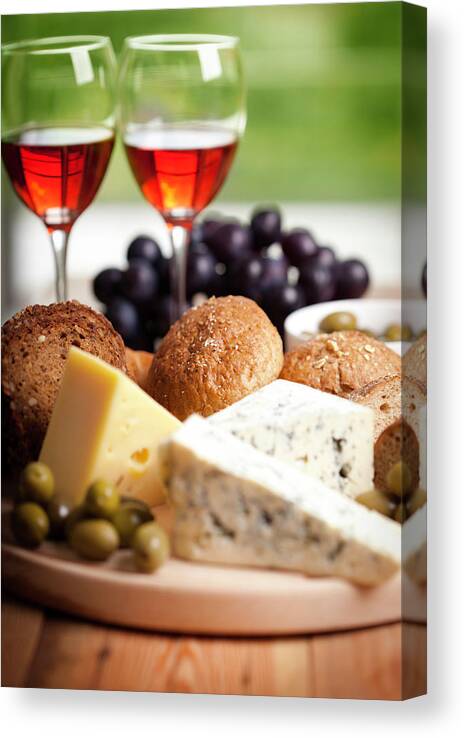 Cheese Canvas Print featuring the photograph Red Wine Whit Cheese And Olives by Jasmina007