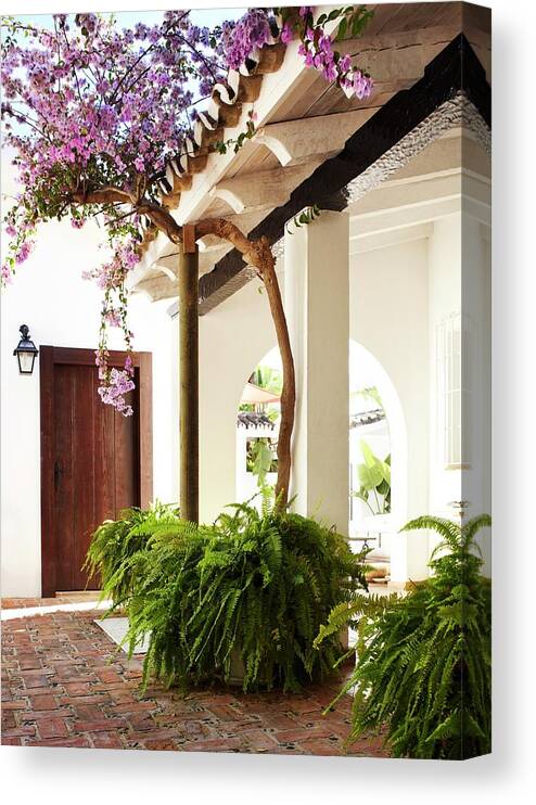 Roofed, Mediterranean Entrance Courtyard With Art Van Canvas America Print And Potted Fine Tall / Ferns Bougainvillea by Alexander Berge - Canvas Art