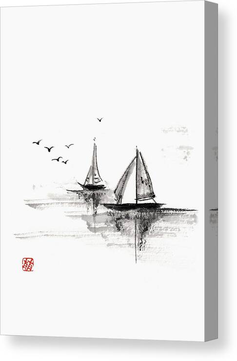 Ink And Brush Canvas Print featuring the digital art Sailboats On The Water by Daj