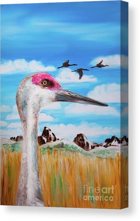 Sandhill Crane Canvas Print featuring the painting Sandhill Crane Teton View by Shelley Myers